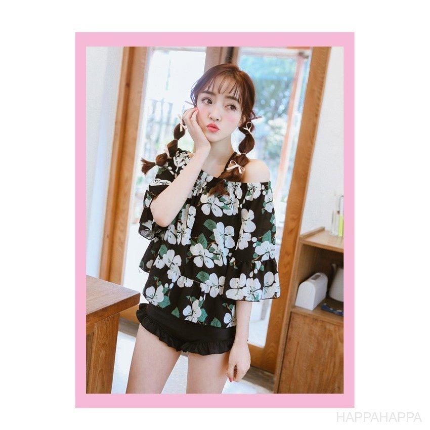 好評 水着 タンキニ 体型カバー 水着 ラッシュガードセット レディース 水着 フリルショートパンツ 水着 3点セット フラワービーチウェア キャミソール 水着セット 色 ブラックセット Www Diamants Plus Fr