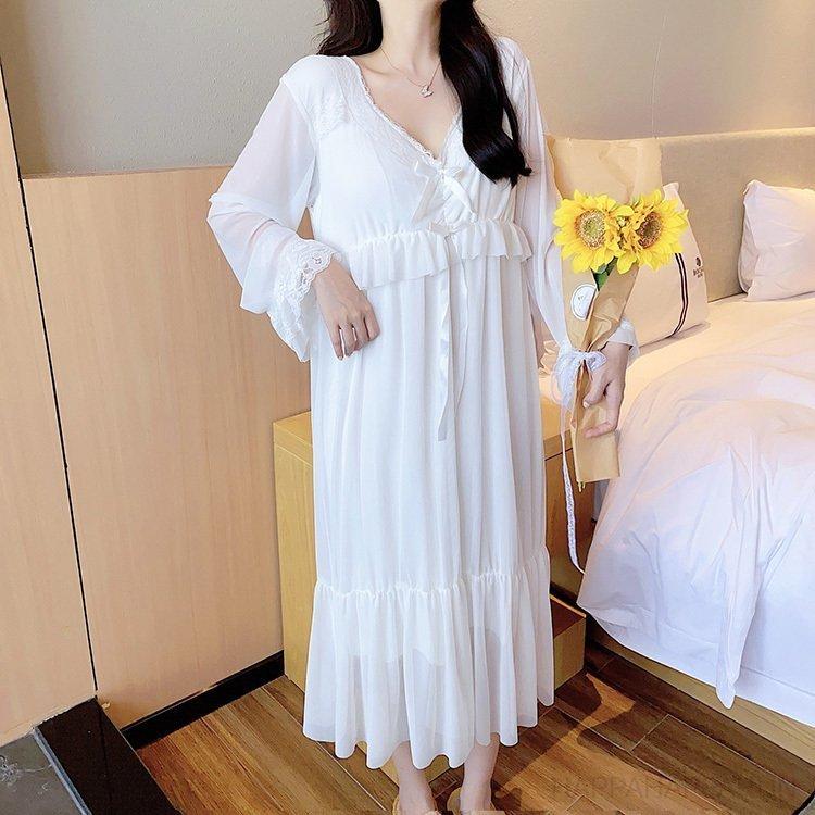 上品なスタイル 長袖ワンピース 春夏秋 レディース パジャマ ネグリジェ Vネックルームウェア お姫様風 大人可愛い 部屋着 ゆったりナイトロープ レースチュールネグリジェ ネグリジェ 色 ホワイト Www Fattoriabacio Com