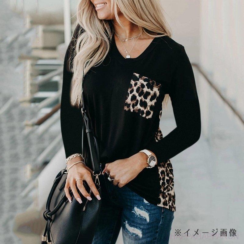 カットソー 長袖 Vネック Tシャツ トップス レディース 女性 婦人服 バック切り替え ヒョウ柄 ひまわり 花柄 ロンt かわいい おしゃれ カジュ コンビニ受取対応商品