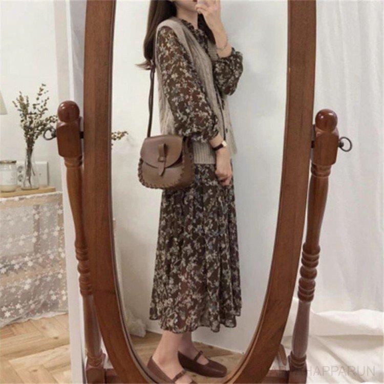 2点セット ワンピース レディース 秋 きれいめ 切り替え ウエスト 花柄 マキシワンピース 上品 長袖 着痩せ 通勤 旅行ドレス お出かけ 大人韓国風 セール 登場から人気沸騰
