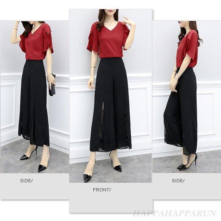 セットアップ レディース 夏 カジュアル 40代 きれいめ 大きいサイズ ブラウス Vネック 半袖 無地 ガウチョパンツ フォーマル おしゃれ 通勤 大人 上品 着痩せ 17春夏新色