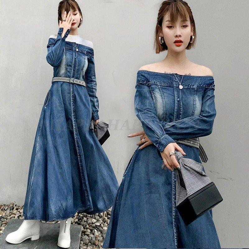 オフショルダー マキシワンピース デニム ワンピース 超ロング レディース レディースファッション ワンピース マキシワンピース カジュアル 刺繍 ワンピース 大きいサイズ ウエストマーク 華奢見え 長袖 Happa Happa Hhr0914b Ssc0017 ベルト Run 売上 高