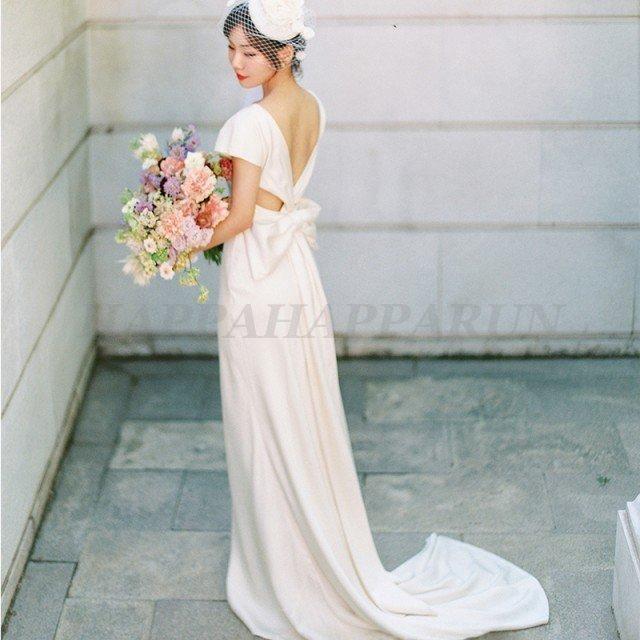 ウェディングドレス 大きいサイズ ウエディングドレス 白 二次会 花嫁 袖あり バックリボン フィッシュテール スレンダー トレーン