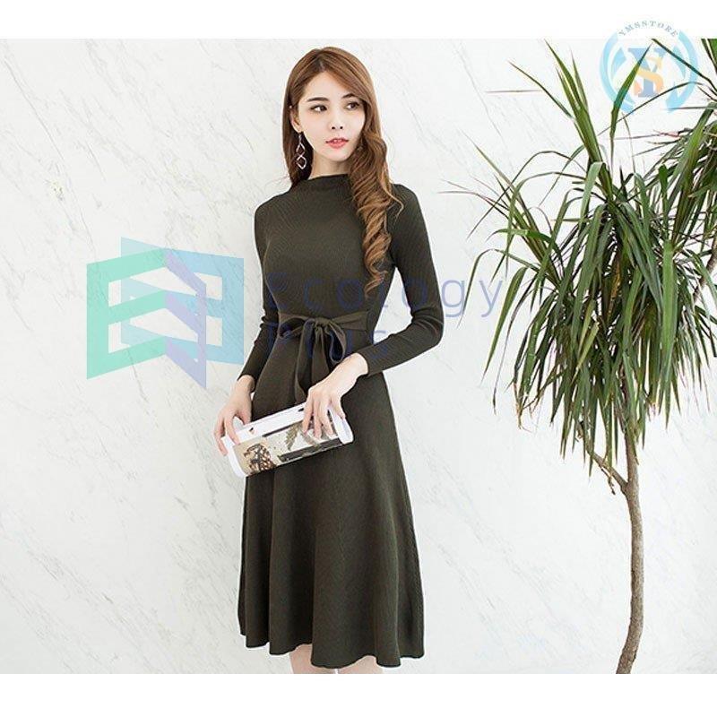 良好品 フォーマルドレス リブニットワンピース レディース ロングワンピース ロング パーティードレス 上品 40代コーデ 長袖 フレア リボン ニットワンピース Aライン ワンピース サイズ L Panero Shop