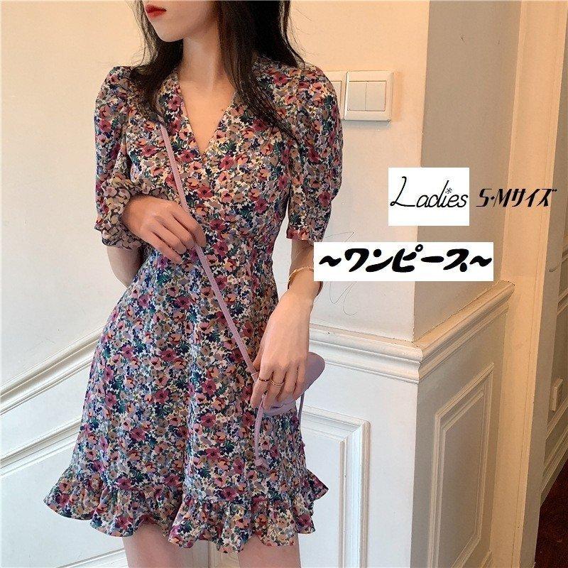 S 上品 女性 フラワー ミニ Vネック 夏 フリル 花 ワンピース ブッファンスリーブ 春 かわいい M 半袖 レディース ガーリー おしゃれ 最新のデザイン