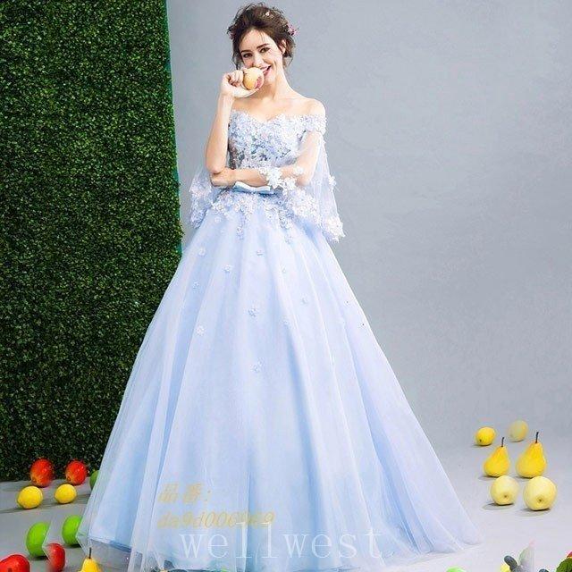 魅力の 結婚式ドレス演奏会オフショルダーフラワー発表会ドレス水色パーティードレスイブニングドレスチュール袖ブルーロング丈ウェディングドレス姫系 Aライン サイズ S Viaanas Com