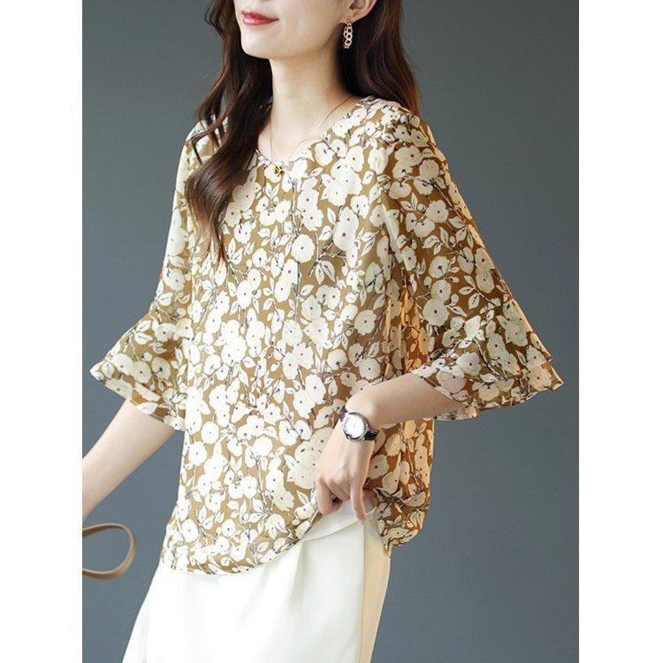 新しいブランド 大人 花柄 ブラウス ゆったり スピーカースリーブブラウス シフォンシャツ 五分袖トップス 春夏新作 Tシャツ レディース 通勤ol 40代 オシャレブラウス 上品 五分 七分袖 サイズ M Www Hestanto Web Id