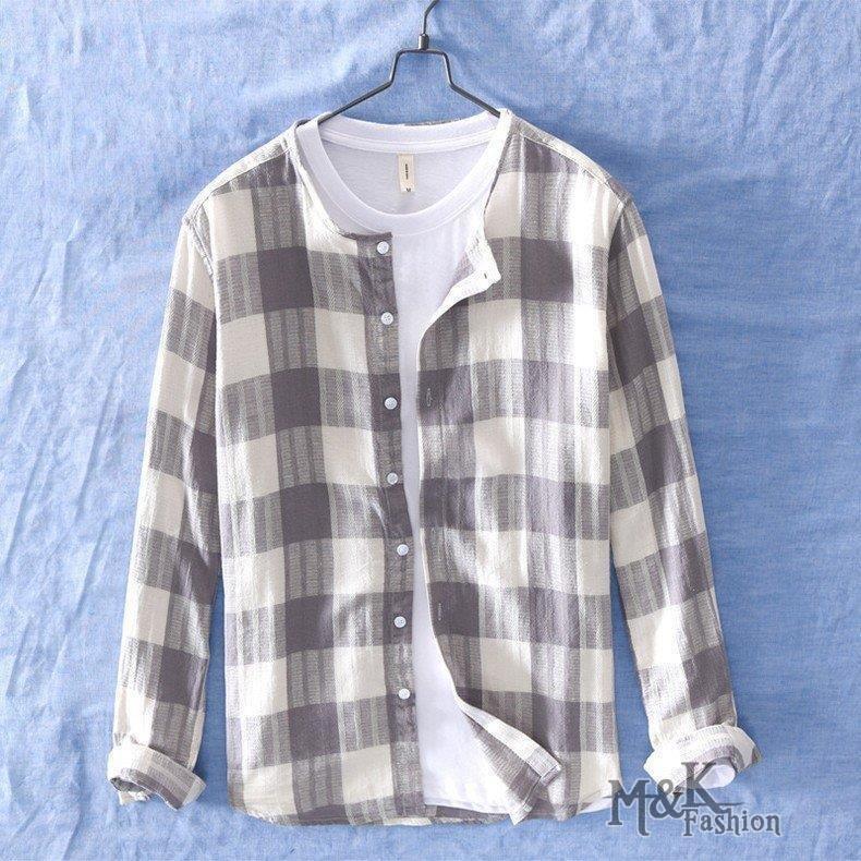 独特な 送料無料 ノーカラー 長袖 チェックシャツ 通気 カジュアル アメカジ リネン 夏 涼しい春 メンズ 長袖 サイズ L Emrya Com
