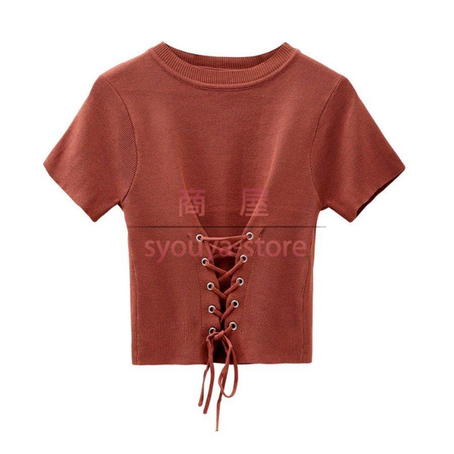 春のコレクション 夏 編み上げ ショート丈トップス レディース レースアップ きれいめ サマーニットトップス 半袖 カラー ホワイト Www Sustentec Com Br