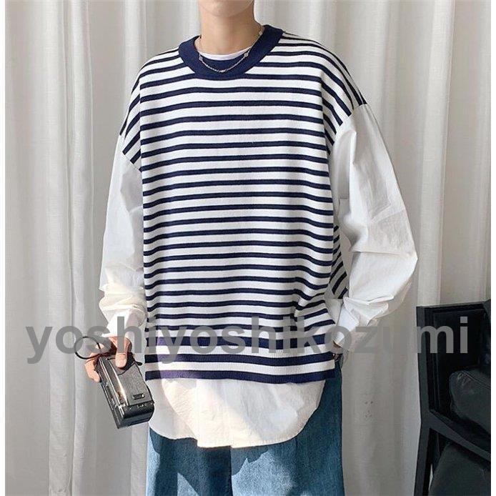 送料関税無料 メンズ 長袖 秋 重ね着風 ニット 冬 セーター メンズニット トップス カジュアル ユニセックス 縞柄 ニット セーター サイズ L Panero Shop