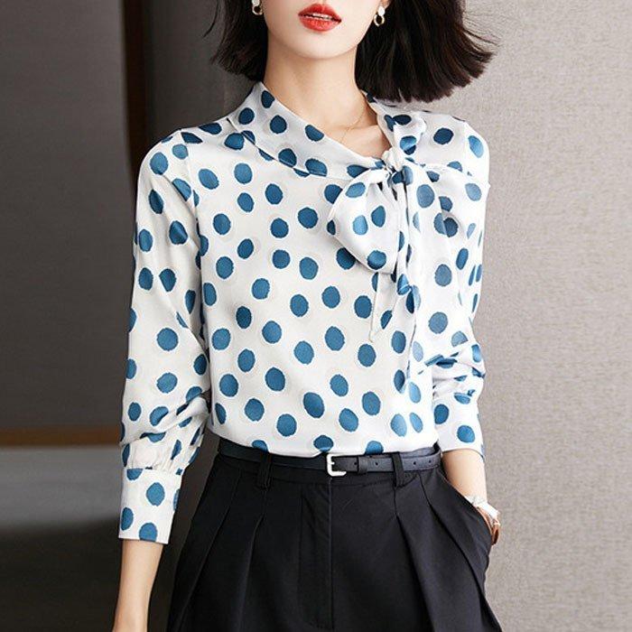 安いオーダー 上品通勤 きれいめドット柄 オフィス オシャレブラウス 40代 ゆったりシャツ リボンネックブラウス 長袖トップス 春秋 レディース シフォンブラウス ブラウス オンラインストア買い Ssl Daikyogo Or Jp