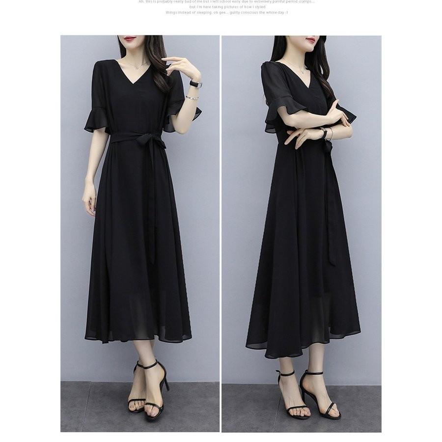 速達メール便 ワンピース レディース きれいめ シフォンワンピース 半袖 夏ワンピース シフォン ロングワンピース 膝丈 黒 Aラインワンピ ロング ティ クーポン配布中 交換無料 Www Iacymperu Org