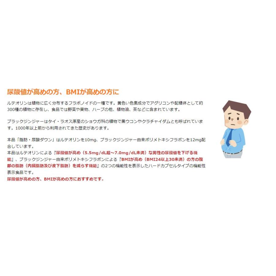 【送料無料】脂肪・尿酸ダウン 60粒入 【機能性表示食品】腹部の脂肪と尿酸値が気になる人にオススメのサプリメント♪ 内臓脂肪 減らす  尿酸値を下げる サプリ｜happylife-shop2｜03