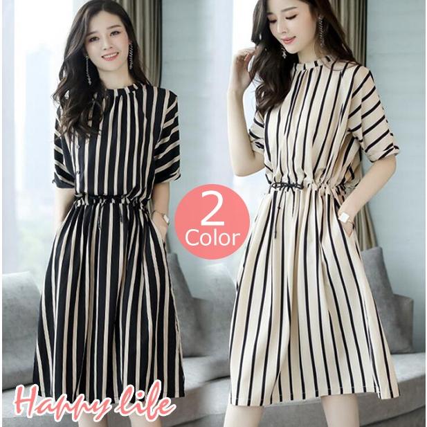 ワンピース レディース 春夏 ストライプ柄 ロング丈 きれいめ ストライプ 着痩せ ワンピース 通勤 Ol 大人 上品 大きいサイズ 細身 マキシワンピ Aライン Icg 41 Happy Life ストア 通販 Yahoo ショッピング