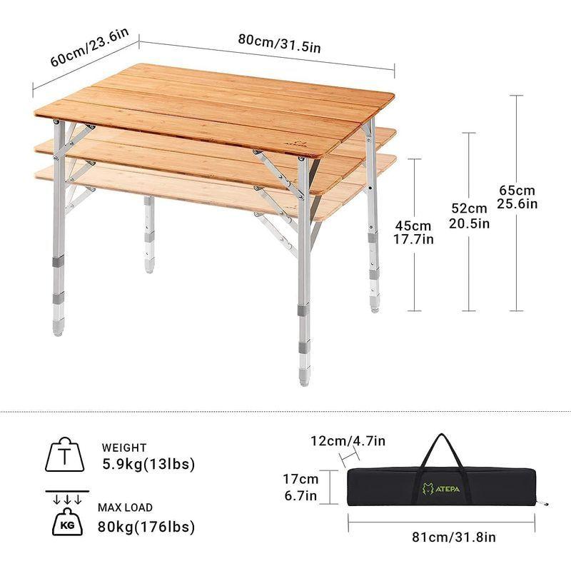 ATEPA アウトドアテーブル 折りたたみ 80×60cm キャンプ 机 4?6人用 竹 3段階高さ調整可能 45/52/65cm コンパク アウトドアテーブル 折りたたみ 80×60cm キャンプ 机 6人用 竹 3段階高さ調整可能 45/52/65cm コンパク