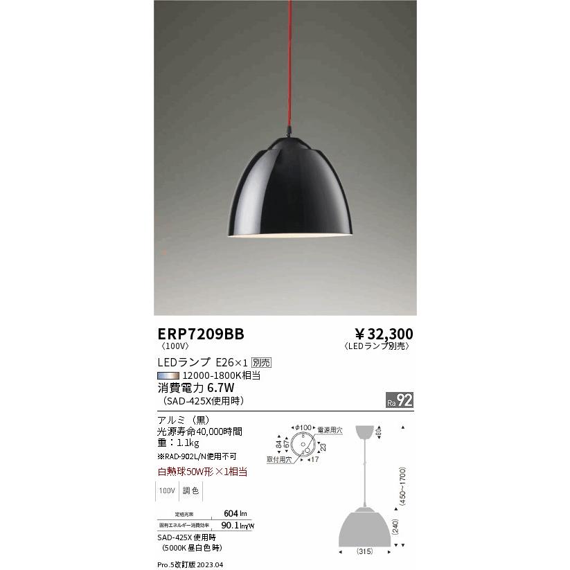 珍しい  ENDO 遠藤照明 LEDペンダント(ランプ別売) ERP7209BB