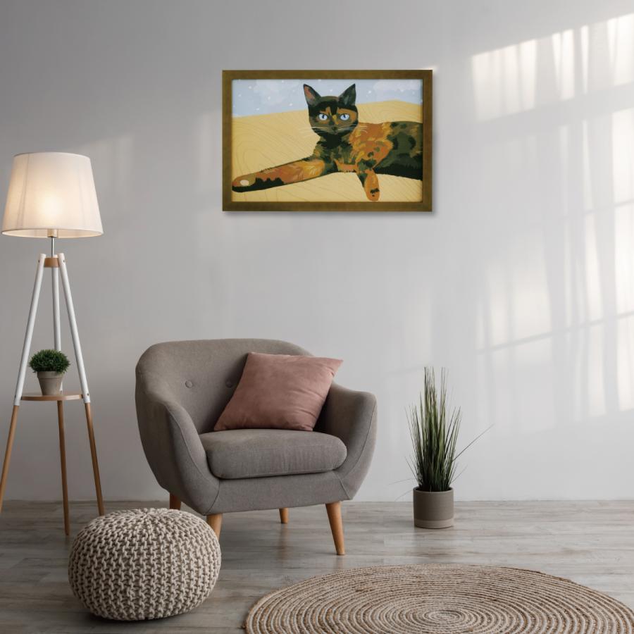 井筒啓之 額入りアートポスター 猫の絵 HI07 「Lay down at the desk tortoiseshell cat， 2017 」 65×45cm アートパネル アートフレーム_2