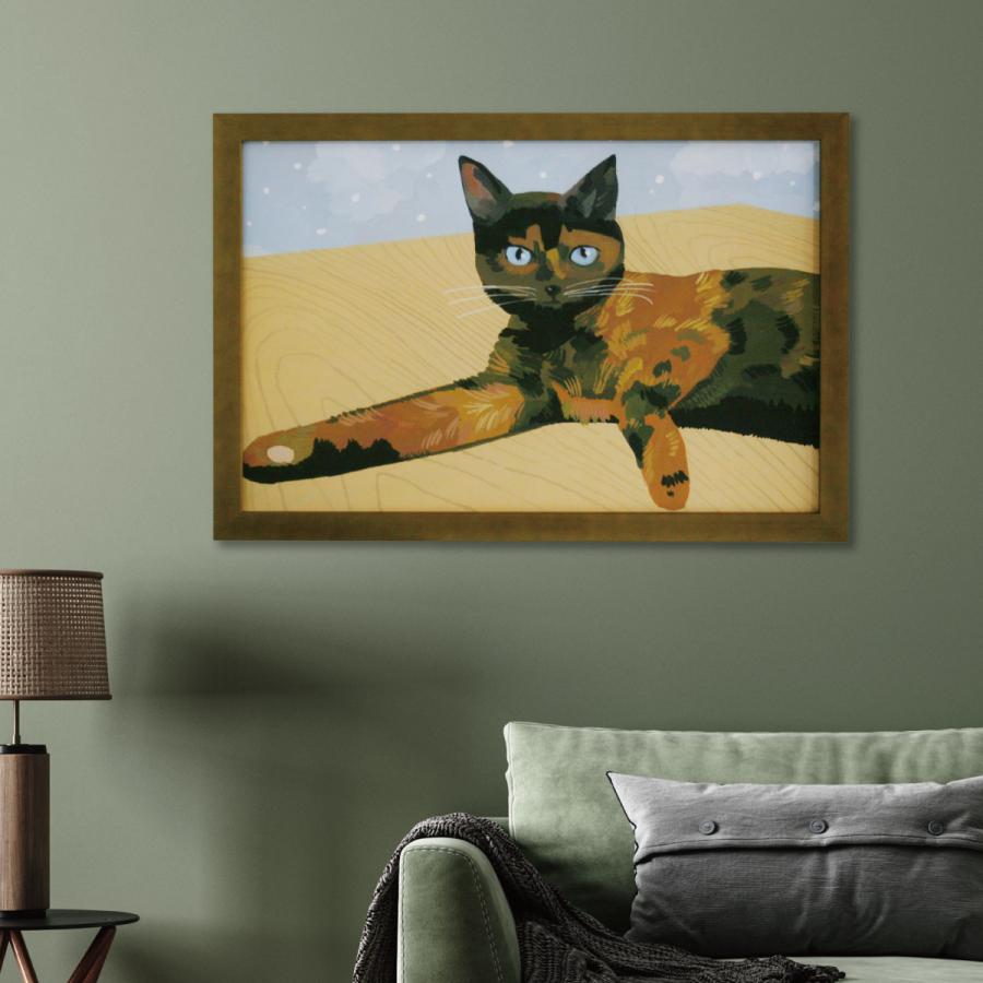 井筒啓之 額入りアートポスター 猫の絵 HI07 「Lay down at the desk tortoiseshell cat， 2017 」 65×45cm アートパネル アートフレーム_1