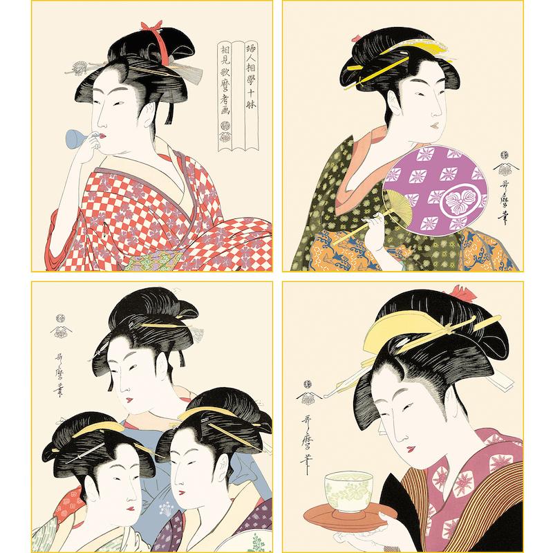 掛け軸 色紙掛け用の色紙4枚セット 喜多川歌麿 浮世絵 美人画