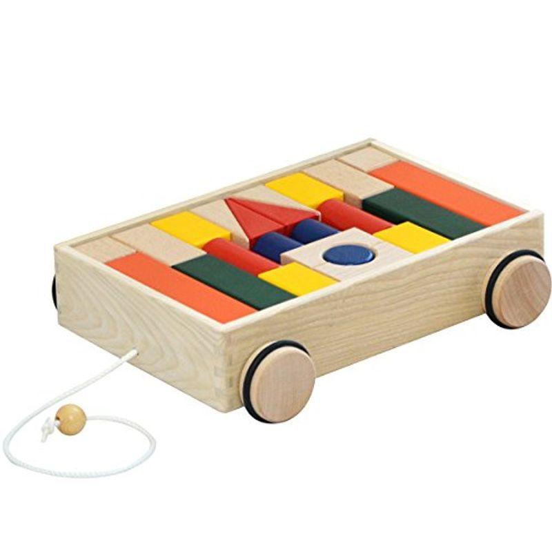 日本製 引車積み木 カラフルな積み木 お片づけしやすい引き車 木製 天然木 木のおもちゃ 知育玩具 国産 男の子 女の子 幼児 子供 床への