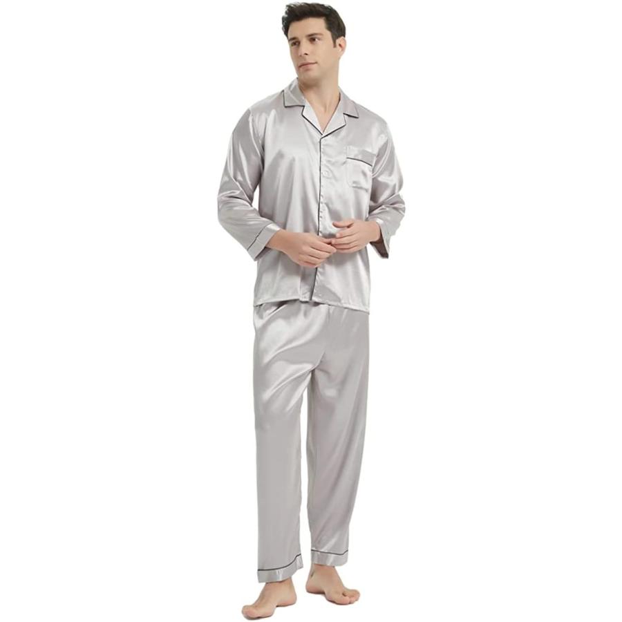 メンズ パジャマ シルク サテン 上下セット ルームウェア 部屋着 長袖 肌に優しい 前開き ダークピンクl 人気新品入荷