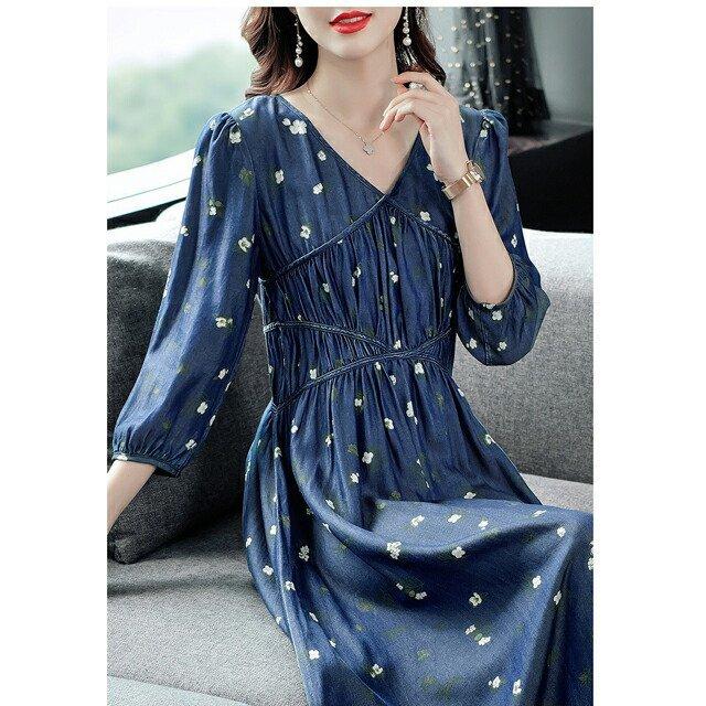 送料0円 ハイウエスト フレアスカート Aライン ｖネック テンセルデニムワンピース ミモレ丈 7分袖 大人カジュアル フェミニン クラシック レディース ロング丈 花柄 ワンピース サイズ L Proksi Si