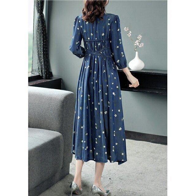 送料0円 ハイウエスト フレアスカート Aライン ｖネック テンセルデニムワンピース ミモレ丈 7分袖 大人カジュアル フェミニン クラシック レディース ロング丈 花柄 ワンピース サイズ L Proksi Si