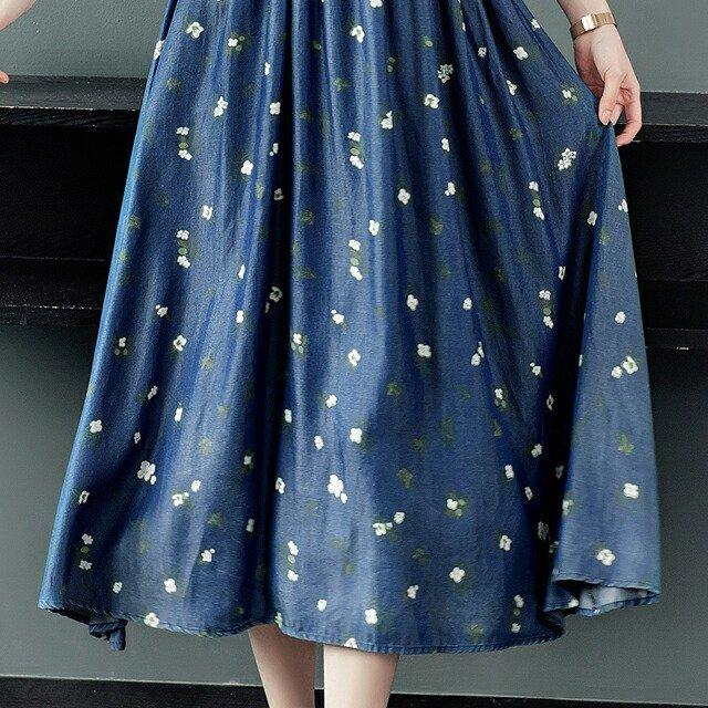 送料0円 ハイウエスト フレアスカート Aライン ｖネック テンセルデニムワンピース ミモレ丈 7分袖 大人カジュアル フェミニン クラシック レディース ロング丈 花柄 ワンピース サイズ L Proksi Si