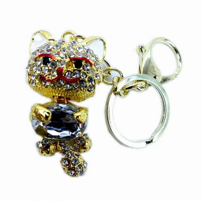 キーホルダー キラキラ ラインストーン 金色のキーホルダー ネコ