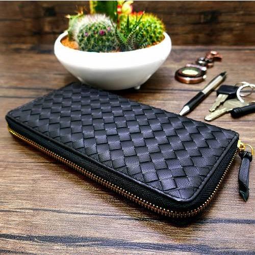 長財布 レザー メッシュ 編み込み ラウンドファスナー 黒 小銭入れあり