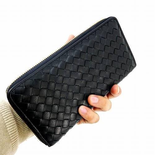 長財布 レザー メッシュ 編み込み ラウンドファスナー 黒 小銭入れあり