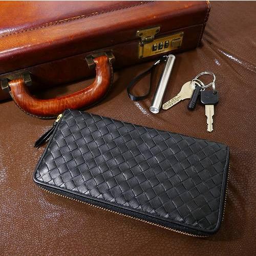 長財布 レザー メッシュ 編み込み ラウンドファスナー 黒 小銭入れあり