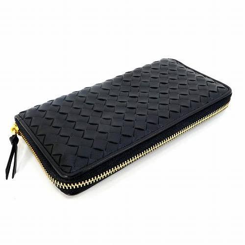 長財布 レザー メッシュ 編み込み ラウンドファスナー 黒 小銭入れあり