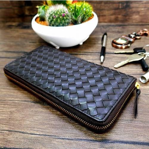 長財布 レザー メッシュ 編み込み ラウンドファスナー 茶 小銭入れあり