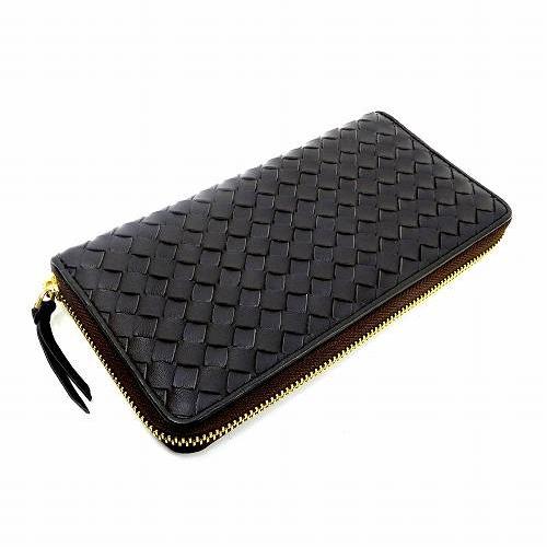 長財布 レザー メッシュ 編み込み ラウンドファスナー 茶 小銭入れあり