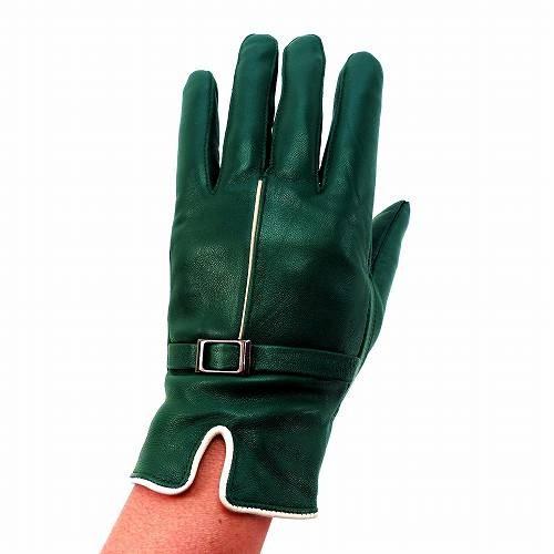手袋 レディース レザー 羊革 裏起毛入り 白ライン モスグリーン 本革