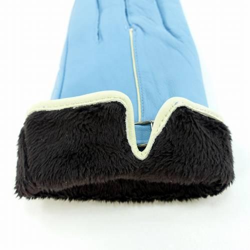 手袋 レディース レザー 羊革 裏起毛入り 白ライン 水色 本革 本皮