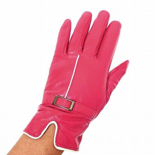 手袋 レディース レザー 羊革 裏起毛入り 白ライン 赤っぽいピンク系