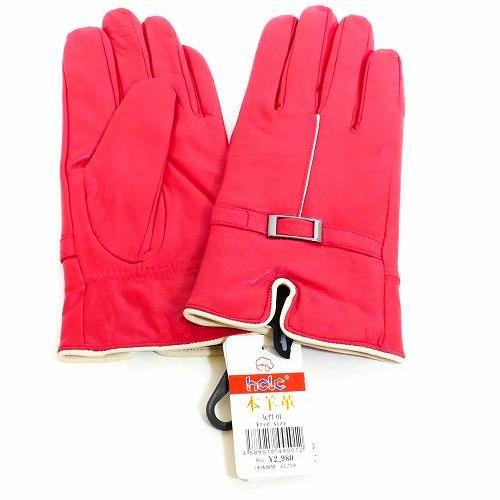 手袋 レディース レザー 羊革 裏起毛入り 白ライン 赤っぽいピンク系