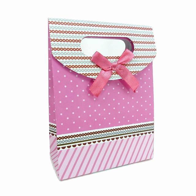 リボン付きマチあり紙袋 B6サイズ ピンクドット柄 ライン RP-105 水玉