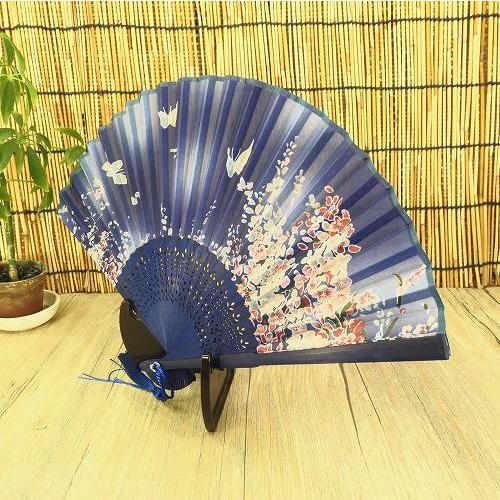 扇子 蝶 花 ブルー 青 タッセル付き 21cm 幅36cm おしゃれ SEN