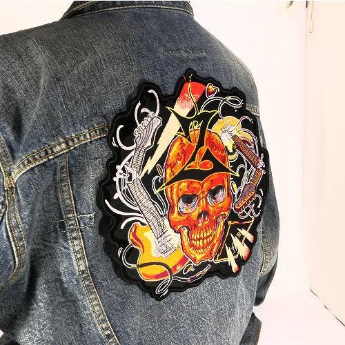 ２L 【新品】22万円豪華刺繍ワッペン多数×大バックロゴ牛革オールレザーMA-１ ワッペン 大きい アイロン 刺繍 ドクロ レッド ギター ビッグ パッチ