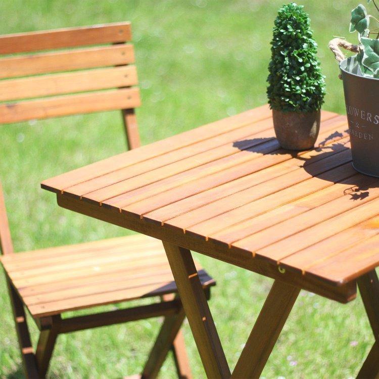 ガーデンテーブルセット おしゃれ 折りたたみ 3点セット テーブル：60×60×71cm 木製 ブラウン｜happyrepo