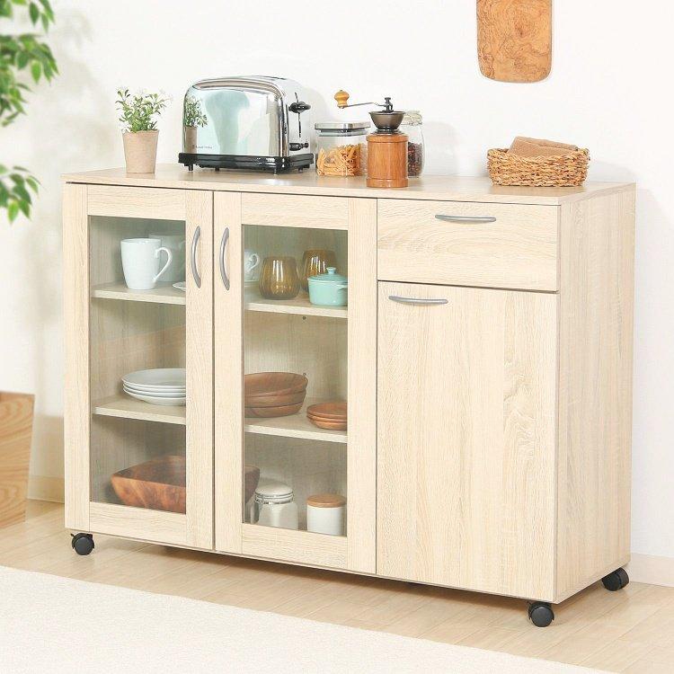 (タイムセール中) キッチンワゴン おしゃれ 食器棚 キャスター付き 幅115.2×奥行39.8×高さ84cm アンティークホワイト