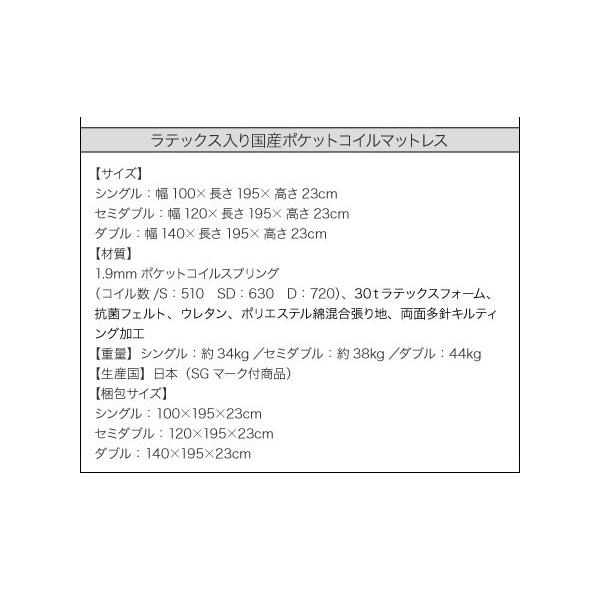 ダブルベッド マットレス付き ラテックス入り国産ポケットコイル Miana_13
