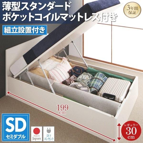 (タイムセール中) (組立設置付) フラットヘッド跳ね上げ収納ベッド セミダブル マットレス付き 薄型スタンダードポケットコイル 深さレギュラー