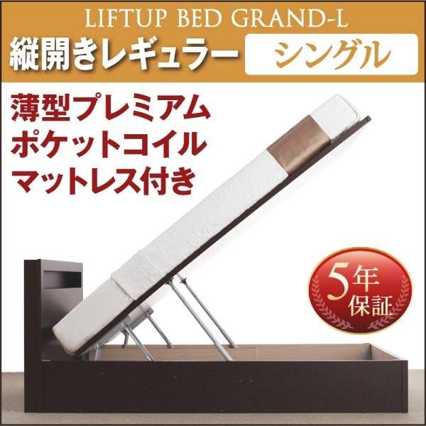 (お客様組立) 跳ね上げ収納ベッド シングル マットレス付き 薄型プレミアムポケットコイル 縦開き 深さレギュラー
