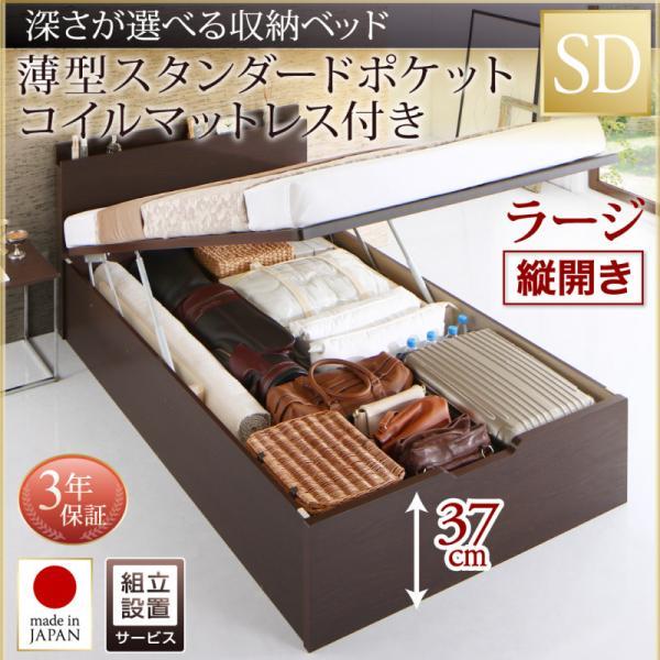 (組立設置付) 跳ね上げ式ベッド セミダブル マットレス付き 薄型スタンダードポケットコイル 縦開き・深さラージ