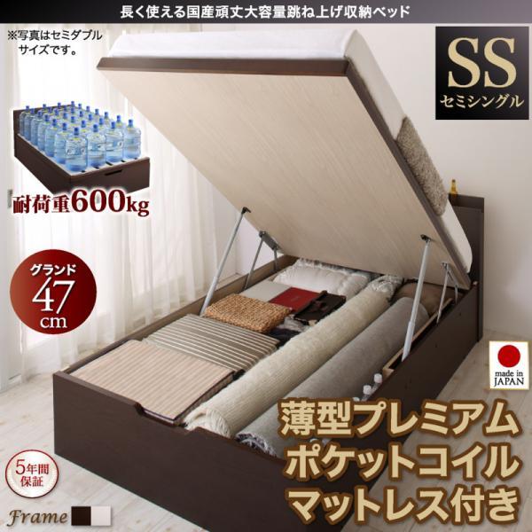 跳ね上げ式ベッド セミシングル マットレス付き 薄型プレミアムポケットコイル 縦開き・深さグランド 日本製