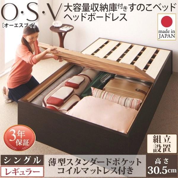 (組立設置付) 大容量収納付きすのこベッド シングル マットレス付き 薄型スタンダードポケットコイル 深さレギュラー